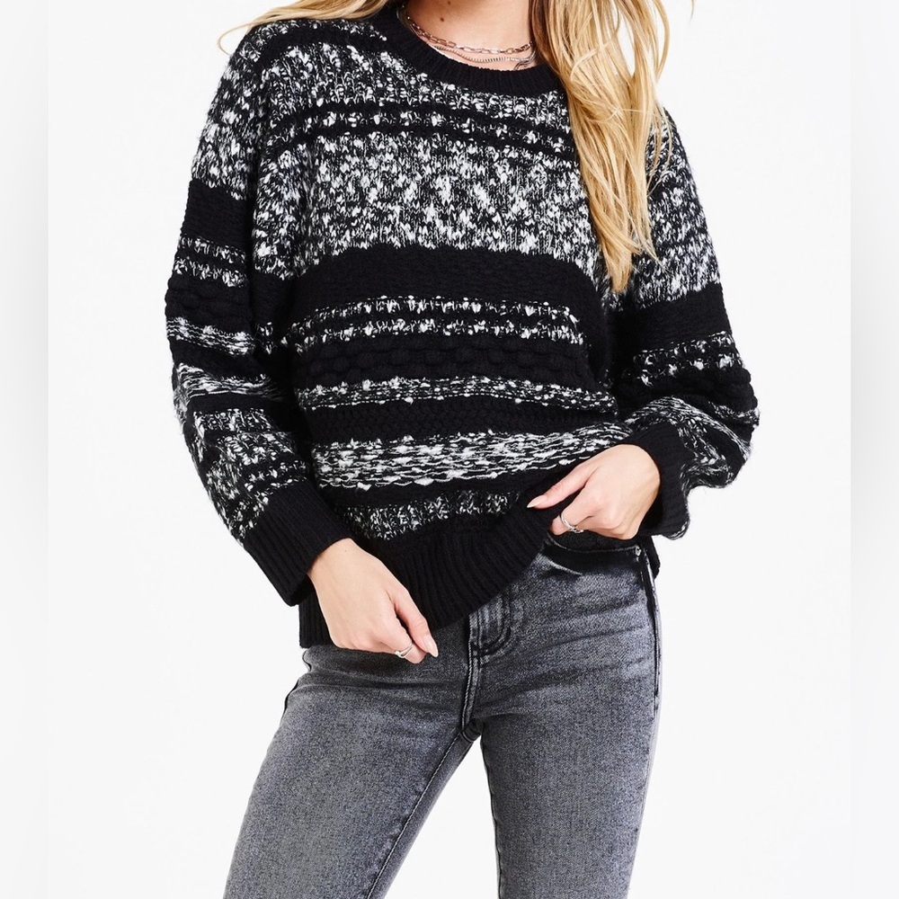 Dear John Matilda Striped Pointelle Sweater Small Black White Relaxed Knit